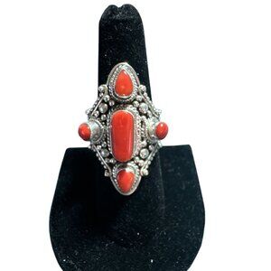 Vintage Ornate Coral & Silver Statement Ring With Intricate Detailing